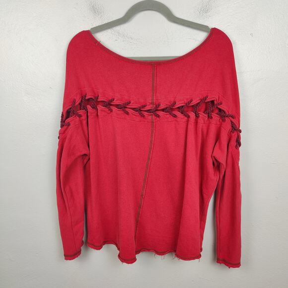 Free People Lace Up Sweatshirt Womens Small Red Stitched Top Distressed Boho - Picture 4 of 9